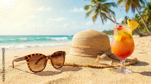 Straw hat, sunglasses and tropical cocktail with flower garnish resting on beach sand, summer vacation concept, beach lifestyle, holiday mood.