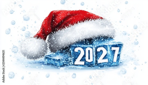 Frosty Winter Wonderland Icy 2027 Date with Frozen Santa Hat and Novelty Iceblocks for Celebration