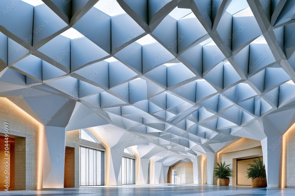 Naklejka premium Modern geometric interior with vaulted ceiling and bright airy lobby space for corporate design