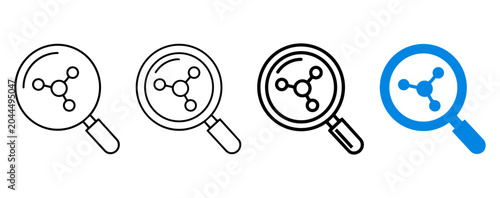 Foto Four magnifying glass icons with molecular structure designs in black and blue c
