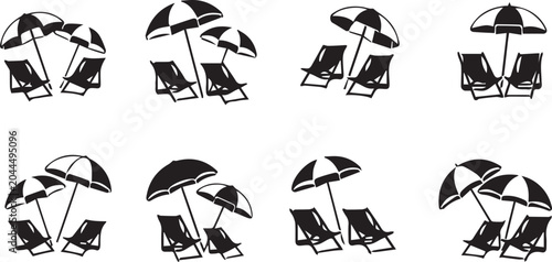 Beach Lounge Chairs and Parasol Umbrellas Icon Set Vector Illustration