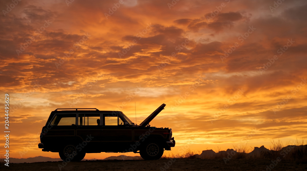 Fototapeta premium Silhouette of Broken Down Vintage SUV Car with Open Hood at Sunset Desert Concept
