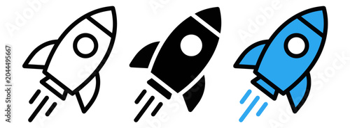 Foto Three colorful rocket ship icons in white, black, and blue, with motion lines, depicted in a dynamic illustration style, conveying speed and innovation in a modern graphic design