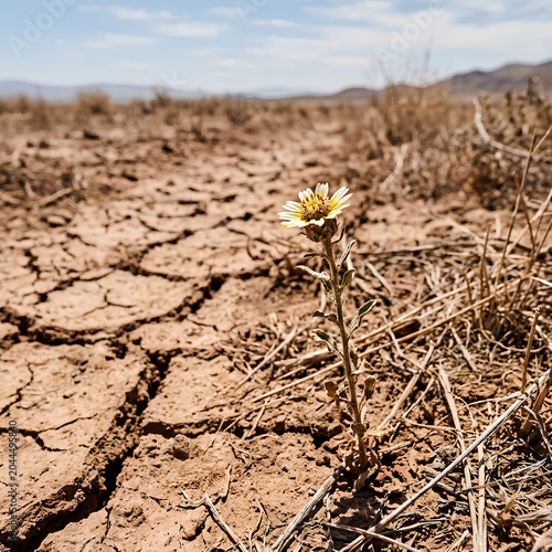 A lone flower blooms in the arid cracked earth of a desert landscape.