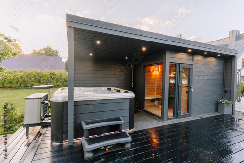 Photos Modern outdoor spa with hot tub and wooden deck adjacent to a cozy cabin in a la