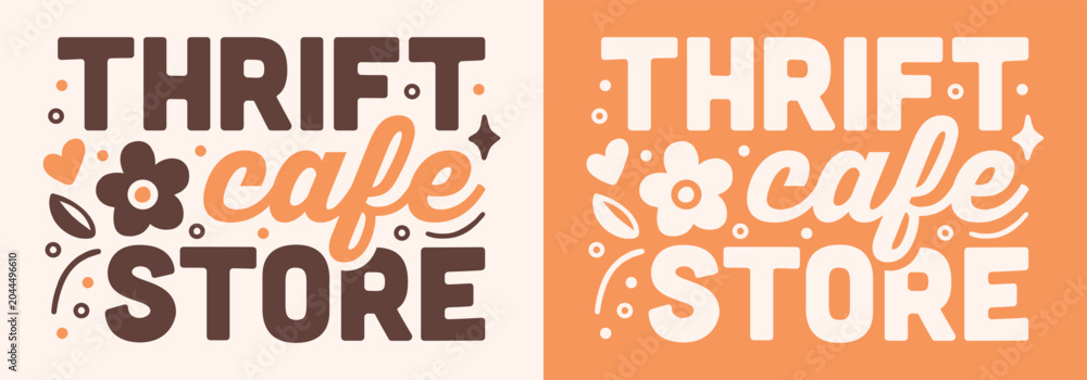 Fototapeta premium Thrift cafe logo thrifting vintage clothing coffee shop slow fashion sustainable shopping place poster print sign. Cozy floral 80s boho retro brown orange aesthetic text lettering for local business.
