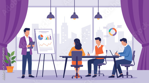 Business speaker presenting financial charts on flipchart to colleagues sitting at conference table in modern office meeting room