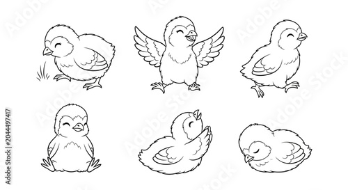 Fototapeta Cute Little Chicks Set in Different Poses, Outline Coloring Page