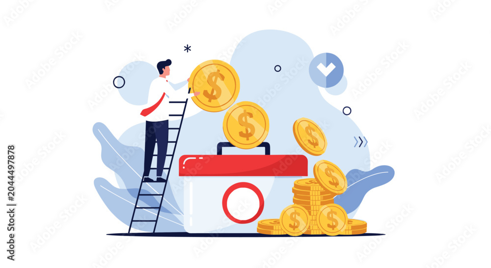 Fototapeta premium Man climbing a ladder to drop gold coins into a large medical first aid kit to represent health savings.
