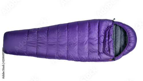 Fotografía Purple mummy sleeping bag with gray interior and zipper detail
