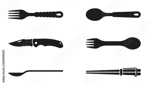Cuadro en lienzo Black Utensil Icons: Fork, Spoon, Knife, Camping Cutlery Set, Kitchenware Vector