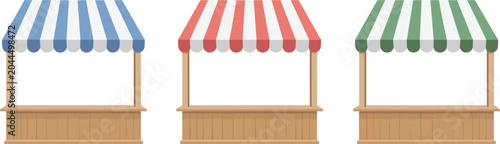 Fotografie Market stall vector collection isolated, striped canopy kiosks and retail shop b