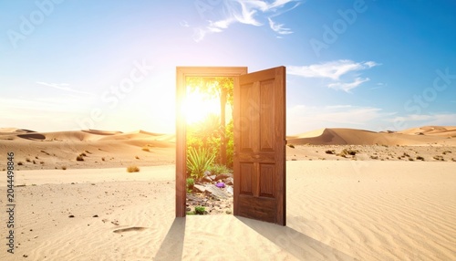 An antique wooden door stands open in the middle of a vast desert, revealing a vibrant tropical oasis filled with lush green plants and bright sunlight in a cinematic widescreen banner.