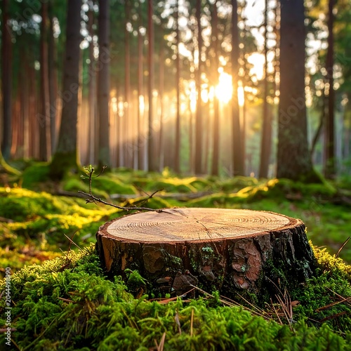 A tree stump sits on mossy ground in a sunlit forest