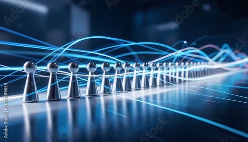 Abstract Digital Network with Metallic Figures Standing in a Row for Data Analysis