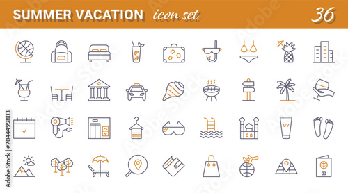 Fényképezés Summer vacation icon set with thirty six linear symbols for travel, resort and beach holidays