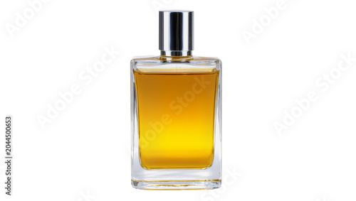 Vászonkép Rectangular glass perfume bottle with golden liquid and silver cap
