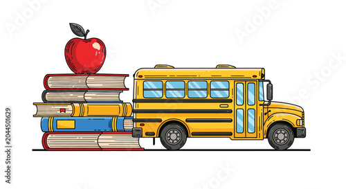 Tableau sur toile Yellow School Bus With Books Apple 8.