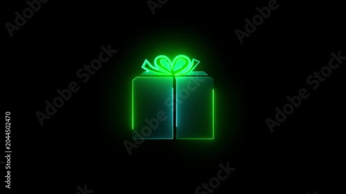 Neon green glowing gift box animation on black background, present