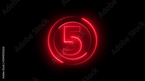 Neon red glowing number 5 countdown timer with circular frame on black background