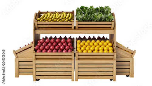 Quadro su tela Wooden crates filled with fresh fruits and vegetables