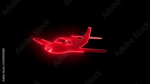 Red neon airplane outline flying animation on black background, glowing light aircraft