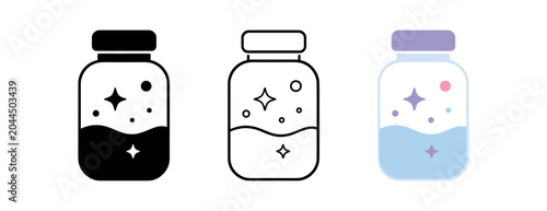 Jar with sparkles icon set. Magic jar, potion, stars, glass container, decorative bottle. Line, flat and colored vector icon set.