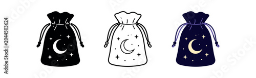 Moon drawstring pouch icon set. Lunar pouch, crescent and stars, night bag, talisman, sachet. Line, flat and colored vector icon set.