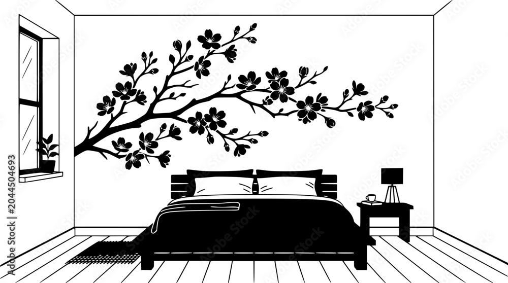Fototapeta premium Bedroom with Cherry Blossom Wall Decal