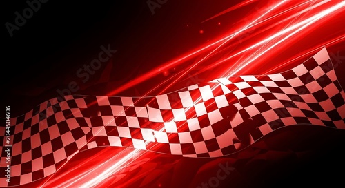 Dynamic Checkered Pattern with Vibrant Red Light Streaks in Dark Abstract Motion