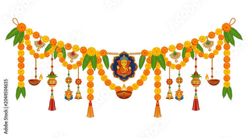 Foto Vibrant Traditional Indian Toran with Marigold Flowers, Mango Leaves, and Ganesh