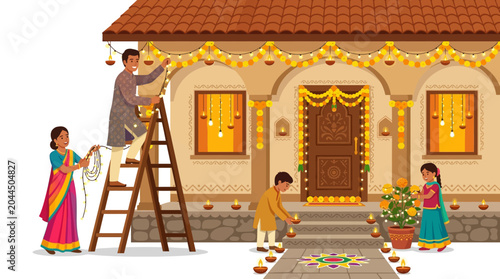 Family decorating home with diyas and garlands for a vibrant Diwali celebration