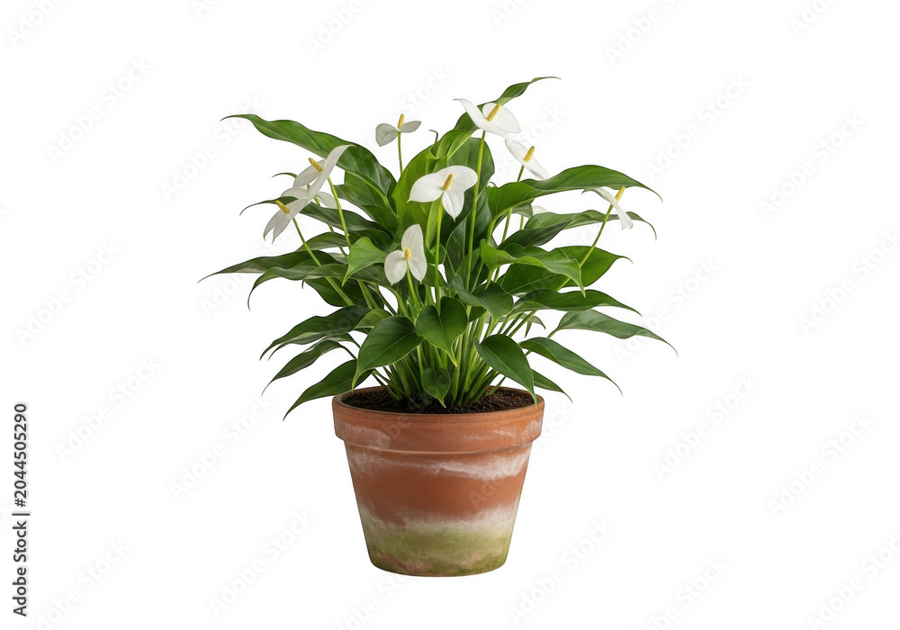 Fototapeta premium Potted peace lily plant with white spathe flowers and dark green leaves in a weathered terracotta pot isolated on a black background