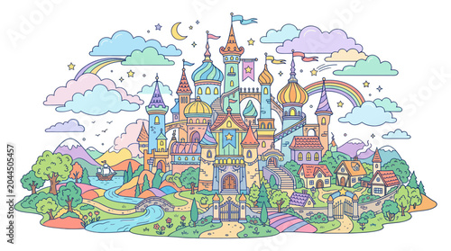 Foto Whimsical Pastel Fairy Tale Castle Landscape with Rainbows and Clouds