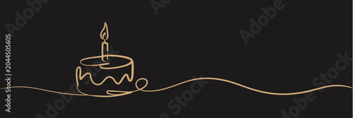 Minimalist Birthday Cake One Line Art on Black Background, Luxury Continuous Line Banner with Candle for Corporate Greeting Card and Website Header
