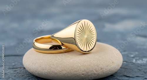 Golden wedding rings with seashell on smooth stone by ocean waves minimalist composition