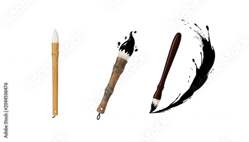 Set of Traditional Chinese Calligraphy Brushes and Ink Splash