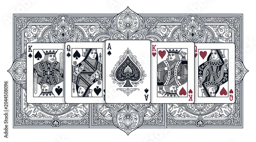 Foto Playing Cards Royal Flush Ace King Queen Jack Spade with Ornate Border