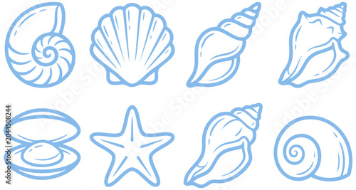 Fotografía Set of blue vector seashell illustrations showcasing various marine life shapes