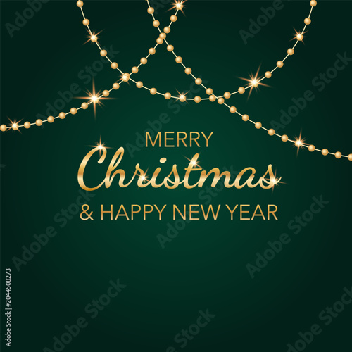 Green and gold luxury Merry Christmas glowing Sparkling light background. Festive sparkling illustration for cards, invitations, banners, advertising