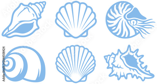 Foto Six flat light blue vector seashell icons isolated on a clean simple plain white