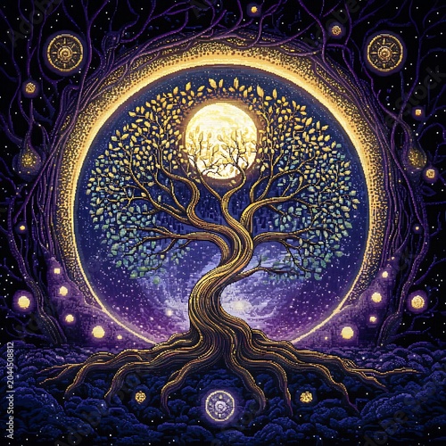 Cosmic tree of life illustration with celestial elements and golden accents