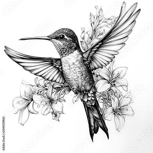 Detailed hummingbird and lily illustration black and white sketch