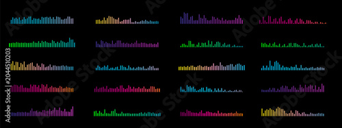 Black volume audio podcast sound waves. Audio sound wave. Waveforms frequency voice microphone signals. Music soundwaves tune equalizer vector set 