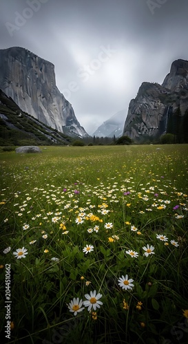 Mountain landscape with green field flowers.