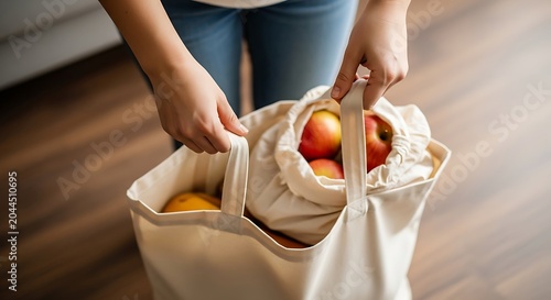 Person holding reusable shopping bag with fruit.
