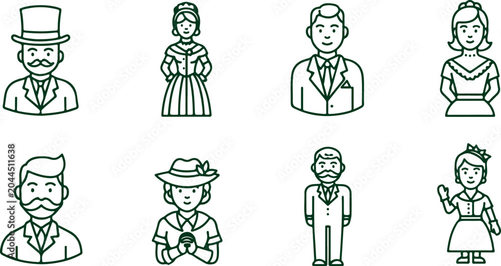 Naklejka premium Vintage characters and historical people men and women in antique clothing and hats like top hats and bonnets representing different eras and styles.