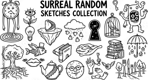Schilderij op canvas Surreal Black and White Line Art Sketches Collection with Abstract and Whimsical