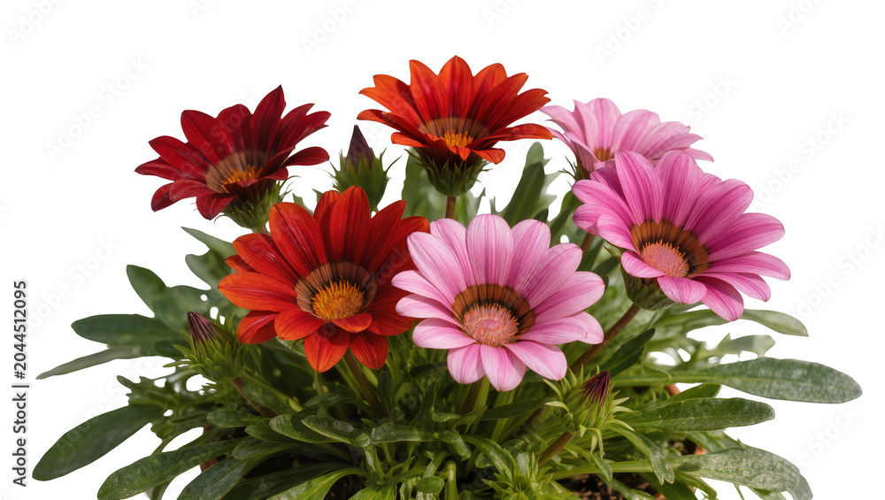 Obraz premium Gazania flowers in red and pink with green leaves