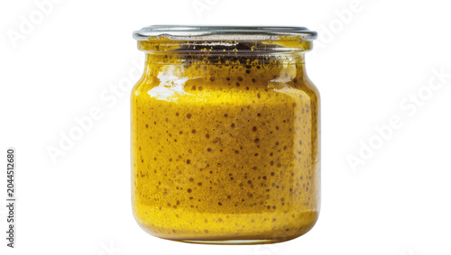 Foto Glass jar of whole grain mustard with metal lid